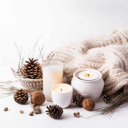 Cozy winter decorative composition in white and beige colors, warm winter decor with coffee cup and candles on white background with copy spaceの素材