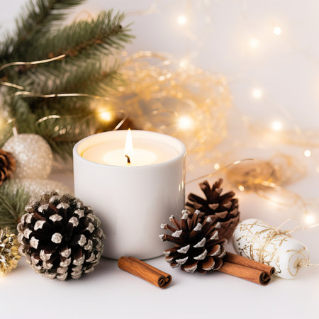 Lovely sweet winter home decor, warm winter decorations with burning candles and blanketの素材
