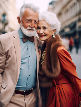 Stylish elegant dressed european couple of elderly people, aged woman and man fashion models in the street, happy lady and gentleman with gray hairの素材