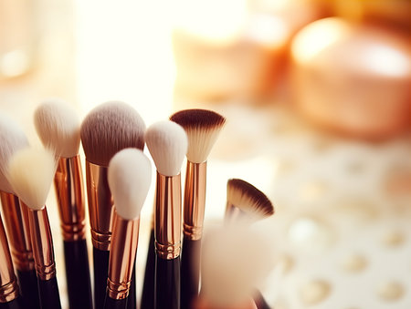 Assorted makeup brushes with copy space, beauty artist workspace, bunch of different brushes on blurred backgroundの素材