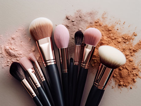 Assorted makeup brushes with copy space, beauty artist workspace, bunch of different brushes on blurred backgroundの素材