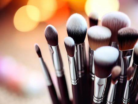 Assorted makeup brushes with copy space, beauty artist workspace, bunch of different brushes on blurred backgroundの素材