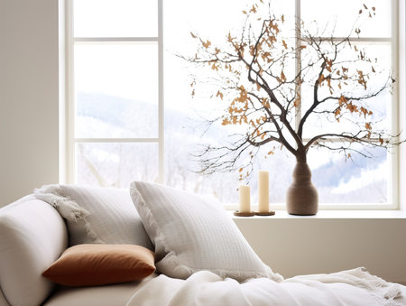 Bright white home interior decor, cozy living room decoration with pillows and warm blanketの素材