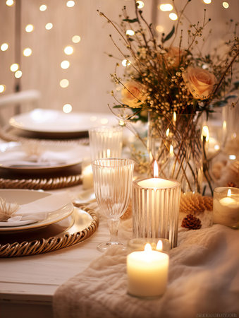 Winter holiday season festive dining table decoration with candles and beautiful tableware, elegant table decorの素材