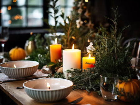 Winter holiday season festive dining table decoration with candles and beautiful tableware, elegant table decorの素材