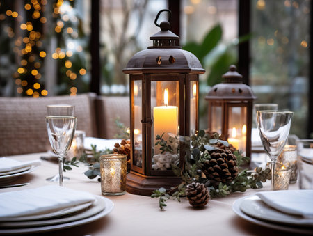 Winter holiday season festive dining table decoration with candles and beautiful tableware, elegant table decorの素材