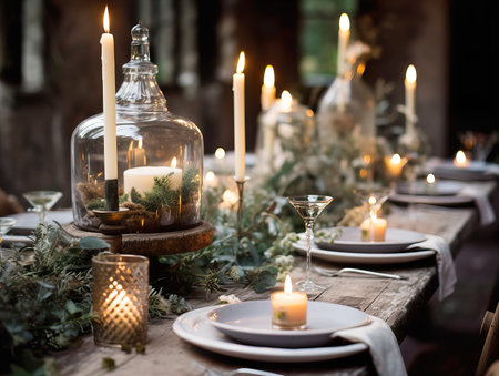 Winter holiday season festive dining table decoration with candles and beautiful tableware, elegant table decorの素材