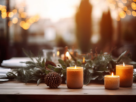 Winter holiday season festive dining table decoration with candles and beautiful tableware, elegant table decorの素材