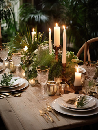 Winter holiday season festive dining table decoration with candles and beautiful tableware, elegant table decorの素材