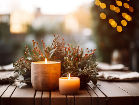 Winter holiday season festive dining table decoration with candles and beautiful tableware, elegant table decorの素材