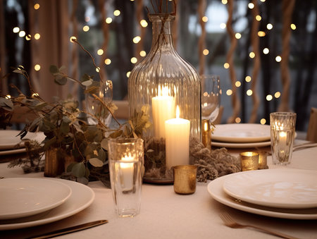 Winter holiday season festive dining table decoration with candles and beautiful tableware, elegant table decorの素材