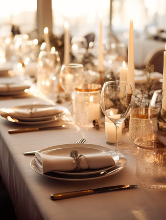 Winter holiday season festive dining table decoration with candles and beautiful tableware, elegant table decorの素材