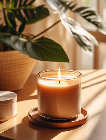 Burning candle in glass jar, vivid studio background with decor and shadows, candle mockupの素材