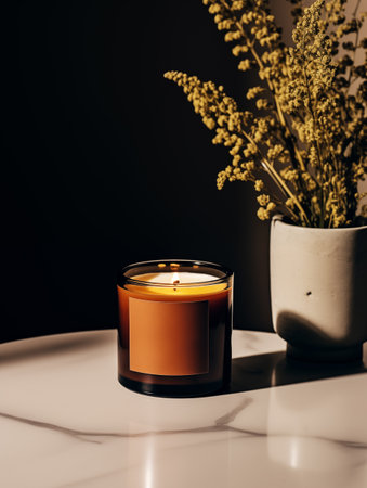 Burning candle in glass jar, vivid studio background with decor and shadows, candle mockupの素材