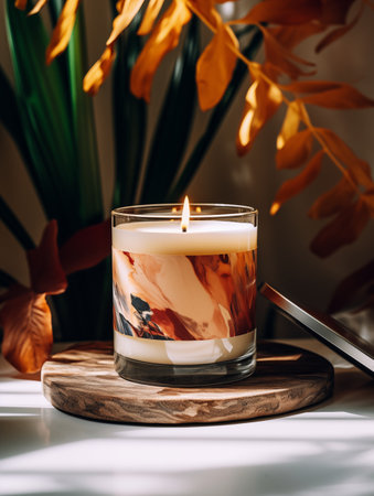 Burning candle in glass jar, vivid studio background with decor and shadows, candle mockupの素材