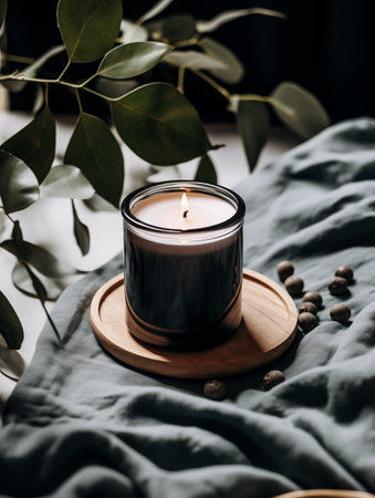 Burning candle in glass jar, vivid studio background with decor and shadows, candle mockupの素材