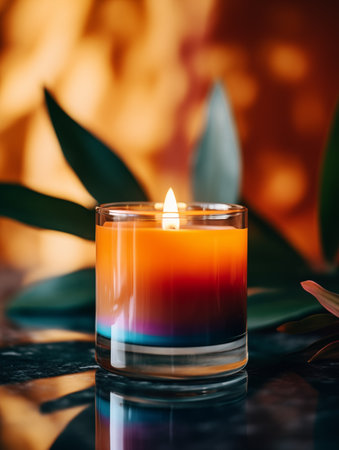 Burning candle in glass jar, vivid studio background with decor and shadows, candle mockupの素材