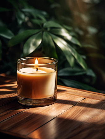 Burning candle in glass jar, vivid studio background with decor and shadows, candle mockupの素材