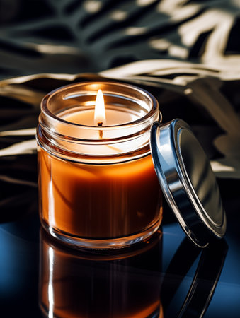 Burning candle in glass jar, vivid studio background with decor and shadows, candle mockupの素材