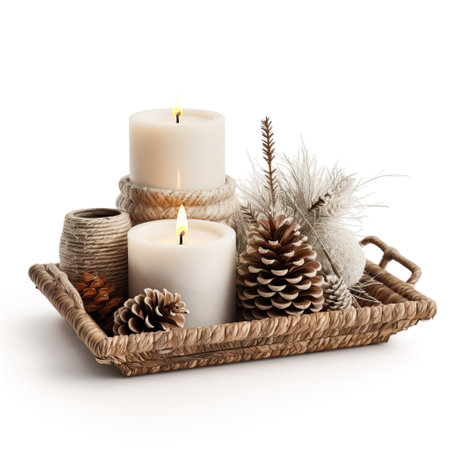 Holiday Christmas decor arrangement with candles and fir branches isolated on white background with copy space, winter composition for design and social media templatesの素材