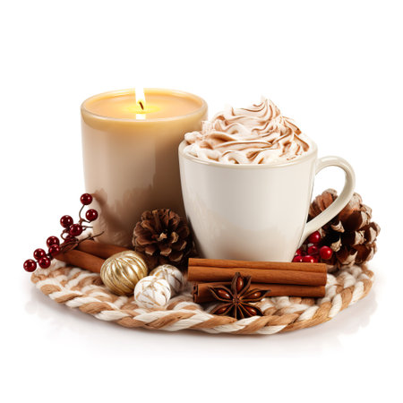 Holiday Christmas decor arrangement with candles, coffee mug and fir branches isolated on white background with copy space, winter composition for design and social media templatesの素材