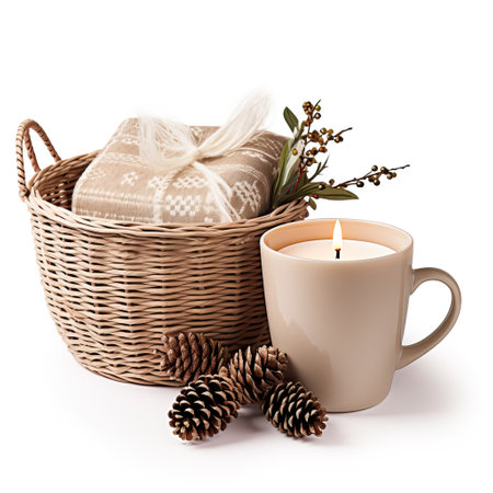 Holiday Christmas decor arrangement with candles and fir branches isolated on white background with copy space, winter composition for design and social media templatesの素材