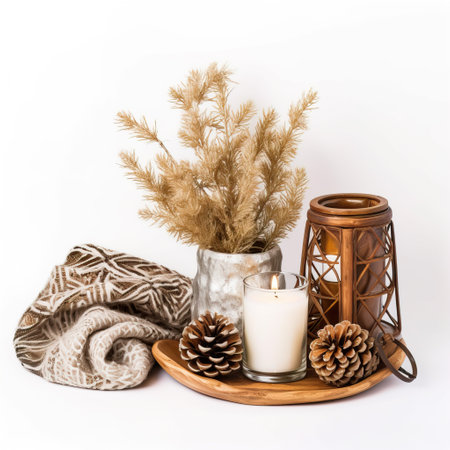 Holiday Christmas decor arrangement with candles and fir branches isolated on white background with copy space, winter composition for design and social media templatesの素材