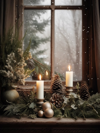 Decorative winter arrangement with fir and candles in cozy home interior, stylish room decor for Christmas holiday season, afternoon daylightの素材