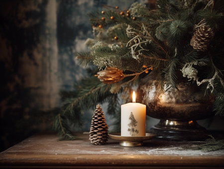 Decorative winter arrangement with fir and candles in cozy home interior, stylish room decor for Christmas holiday season, afternoon daylightの素材