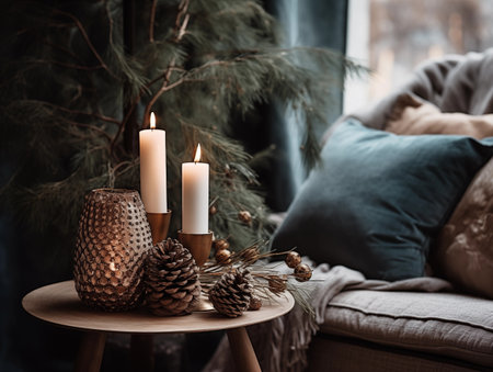 Decorative winter arrangement with fir and candles in cozy home interior, stylish room decor for Christmas holiday season, afternoon daylightの素材