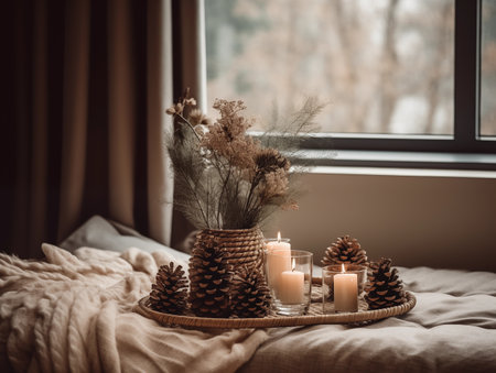 Decorative winter arrangement with fir and candles in cozy home interior, stylish room decor for Christmas holiday season, afternoon daylightの素材