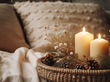 Decorative winter arrangement with fir and candles in cozy home interior, stylish room decor for Christmas holiday season, afternoon daylightの素材