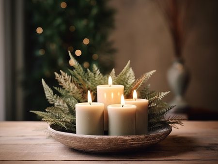Decorative winter arrangement with fir and candles in cozy home interior, stylish room decor for Christmas holiday season, afternoon daylightの素材