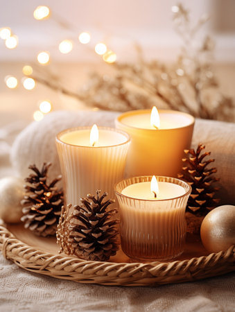Cozy winter home tray decor arrangement with burning candles, holiday room interior decorationsの素材
