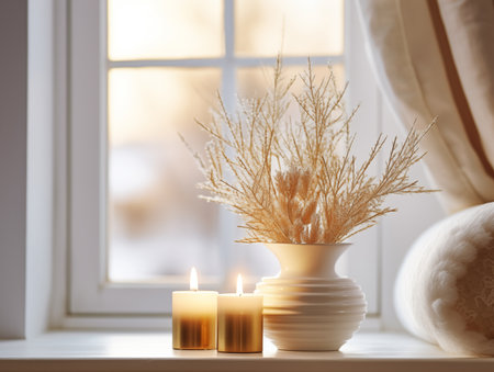 Cozy winter home decor arrangement with burning candles, holiday room interior decorations in white and gold tonesの素材