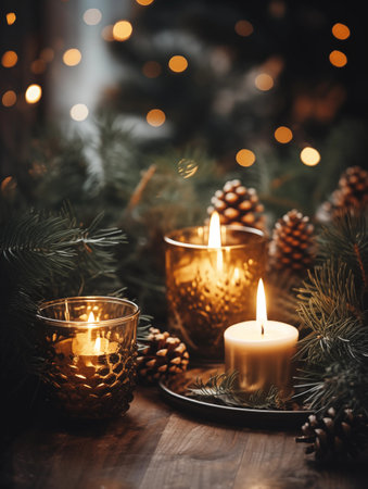 Cozy winter home decor arrangement with burning candles, holiday room interior decorations in black and gold colorsの素材