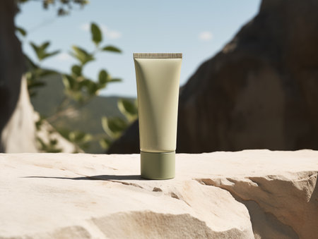 Blank cosmetic tube mockup with stone texture and green leaves, beauty product container design-ready commercial templateの素材