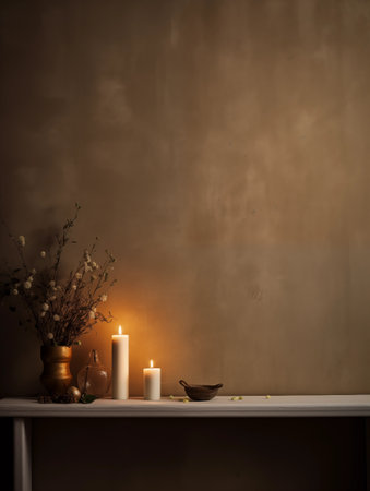 Beige and brown home interior decor, winter seasonal cozy apartment decoration with burning candles and empty wall, copy spaceの素材
