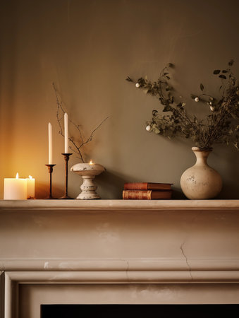 Beige and brown home interior decor, winter seasonal cozy apartment decoration with burning candles and empty wall, copy spaceの素材