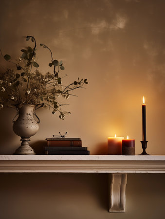 Beige and brown home interior decor, winter seasonal cozy apartment decoration with burning candles and empty wall, copy spaceの素材