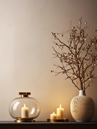 Beige and brown home interior decor, winter seasonal cozy apartment decoration with burning candles and empty wall, copy spaceの素材