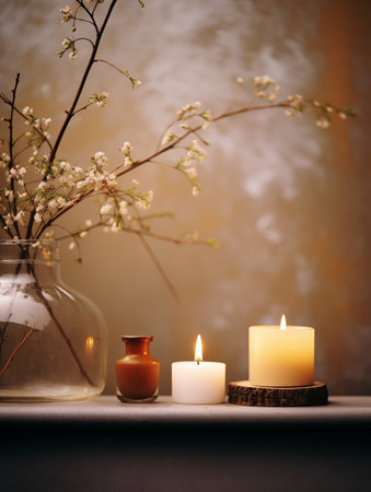 Beige and brown home interior decor, winter seasonal cozy apartment decoration with burning candles and empty wall, copy spaceの素材
