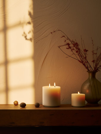 Beige and brown home interior decor, winter seasonal cozy apartment decoration with burning candles and empty wall, copy spaceの素材