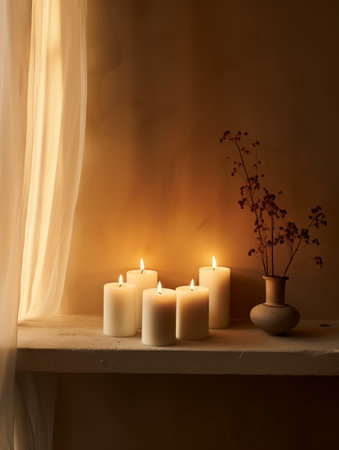 Beige and brown home interior decor, winter seasonal cozy apartment decoration with burning candles and empty wall, copy spaceの素材
