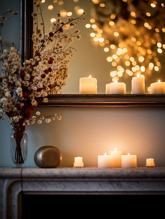 Beige and brown home interior decor, winter seasonal cozy apartment decoration with burning candles and empty wall, copy spaceの素材