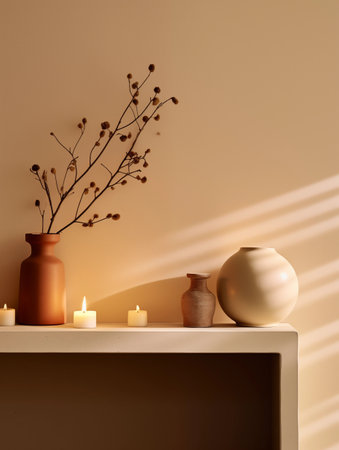 Beige and brown home interior decor, winter seasonal cozy apartment decoration with burning candles and empty wall, copy spaceの素材
