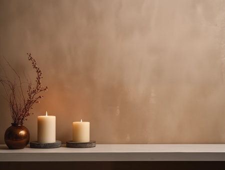 Beige and brown home interior decor, winter seasonal cozy apartment decoration with burning candles and empty wall, copy spaceの素材