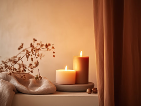 Beige and brown home interior decor, winter seasonal cozy apartment decoration with burning candles and empty wall, copy spaceの素材