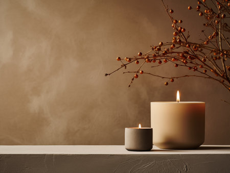 Beige and brown home interior decor, winter seasonal cozy apartment decoration with burning candles and empty wall, copy spaceの素材
