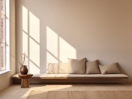 Calm and clean minimalist home interior in beige tones, empty wall template for art poster or artwork placement, contemporary room interiorの素材